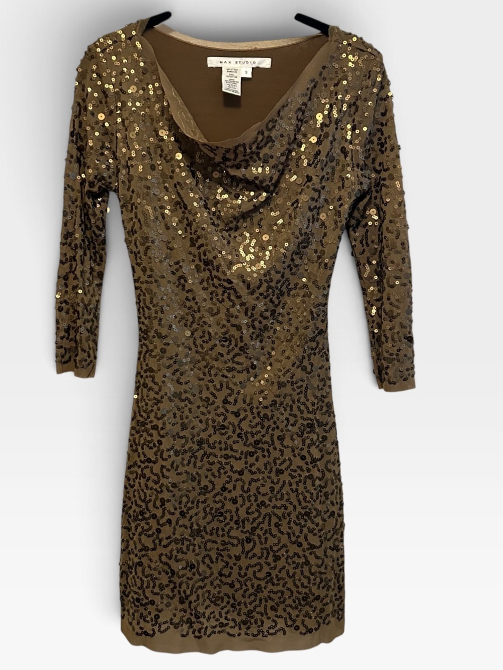 Max Studio Gold Sequin Cowl Neck Long Sleeve Dress Size Small